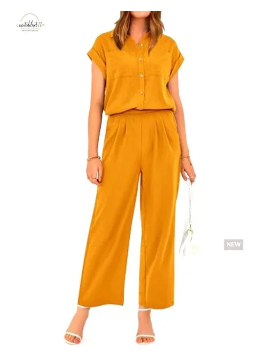 Large Polyester Tracksuit Set Loose Fit Button Down Top Wide Leg Pants - Picture 5 of 7